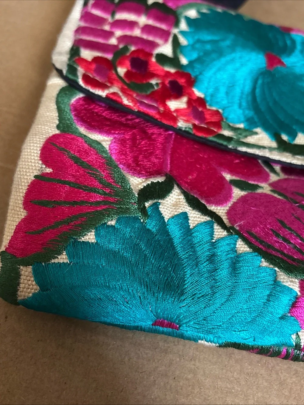 Mexican Boho Embroidered Floral Crossbody Bag in Pink & Teal w defects vintage - Picture 2 of 16